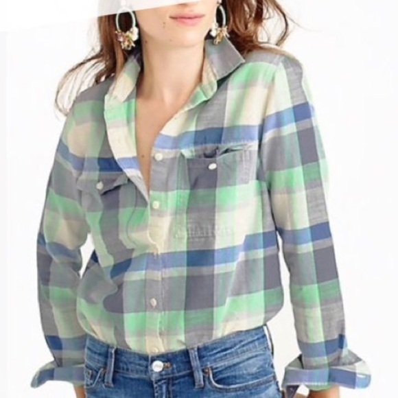 J. Crew Flannel Shirt Pacey Plaid Green Blue Off White size 4 - Picture 1 of 10